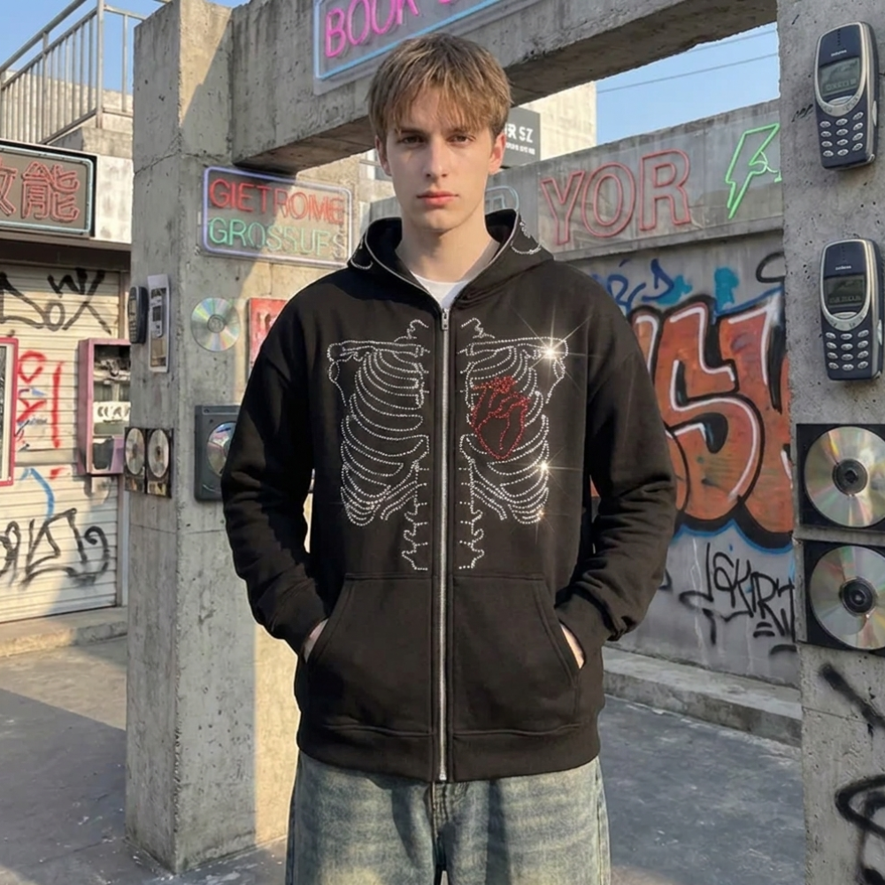 Rhinestone Skeleton Full Zip Hoodie