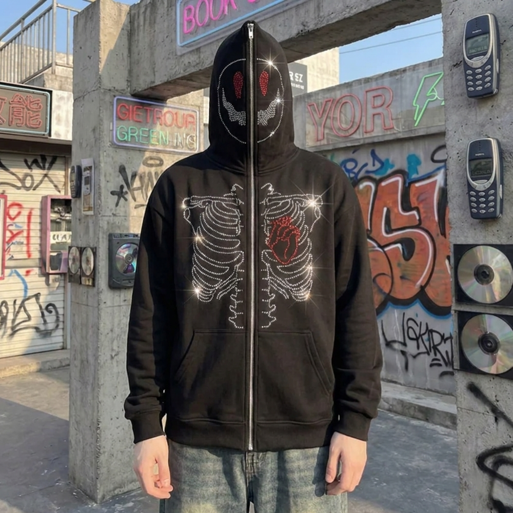Rhinestone Skeleton Full Zip Hoodie