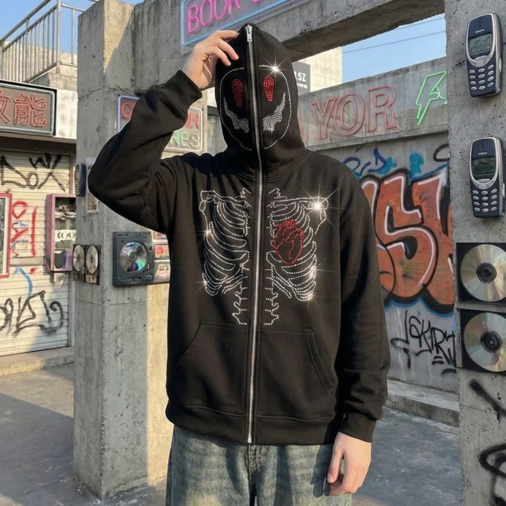 Rhinestone Skeleton Full Zip Hoodie