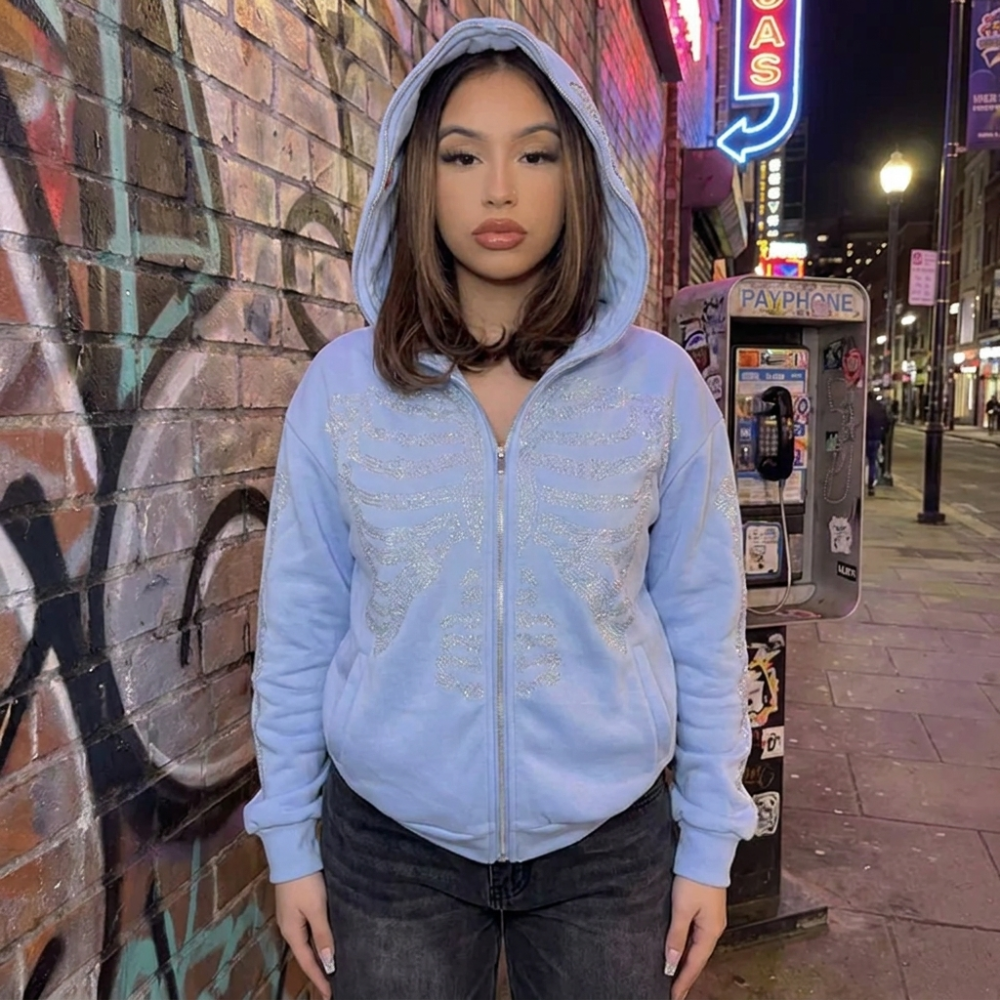 Rhinestone Full Zip Hoodie Y2K