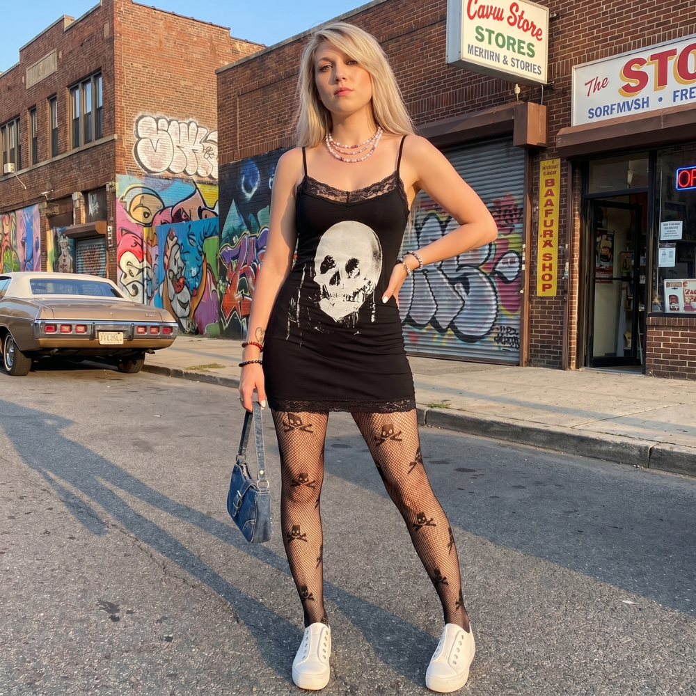Y2K Gothic Skull Mini Dress