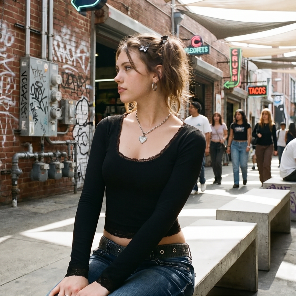 Y2K Lace Trim Crop Top