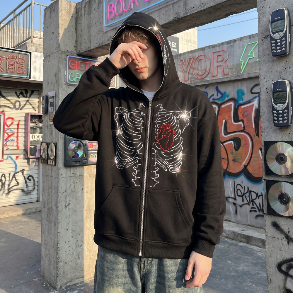 Rhinestone Skeleton Full Zip Hoodie