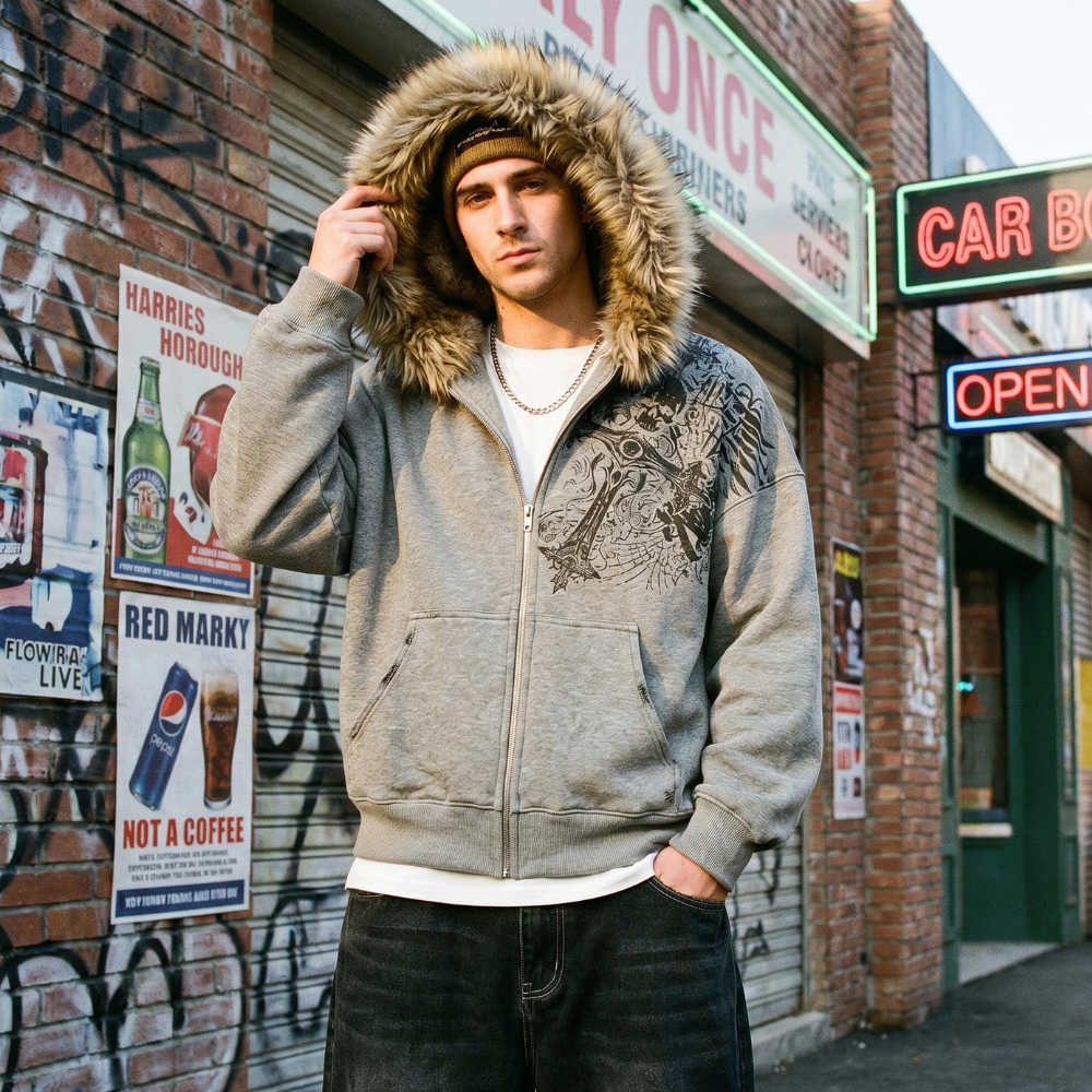 Faux Fur Trim Zip Up Hoodie