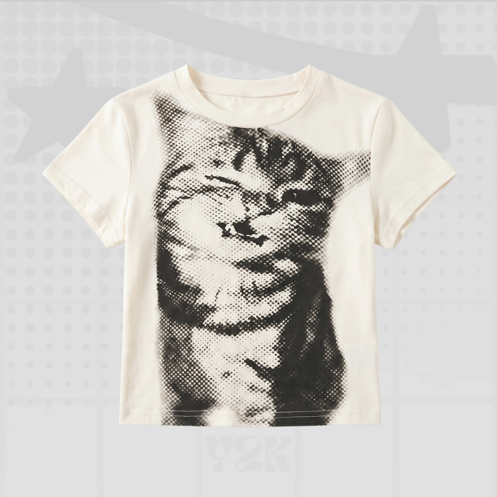 Harajuku Cat Y2K Crop Tee