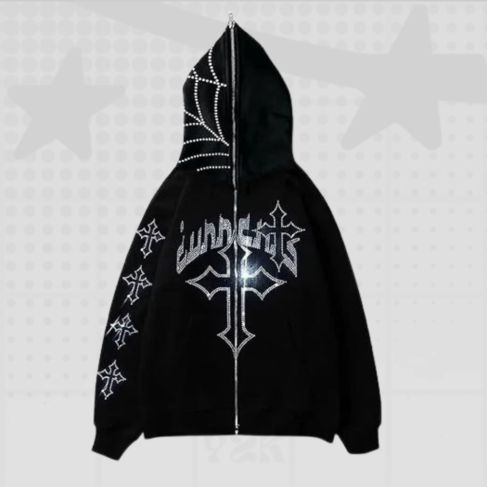 Rhinestone Cross Y2K Hoodie
