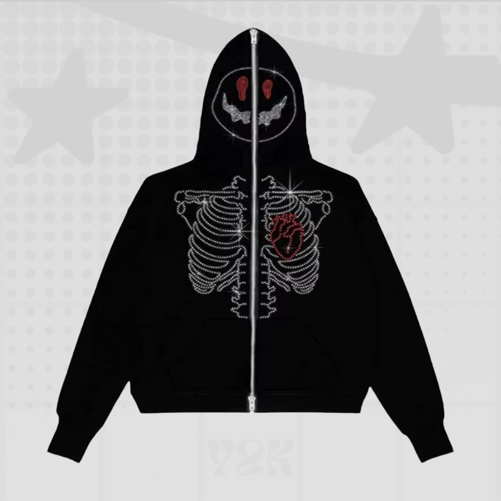 Rhinestone Skeleton Full Zip Hoodie