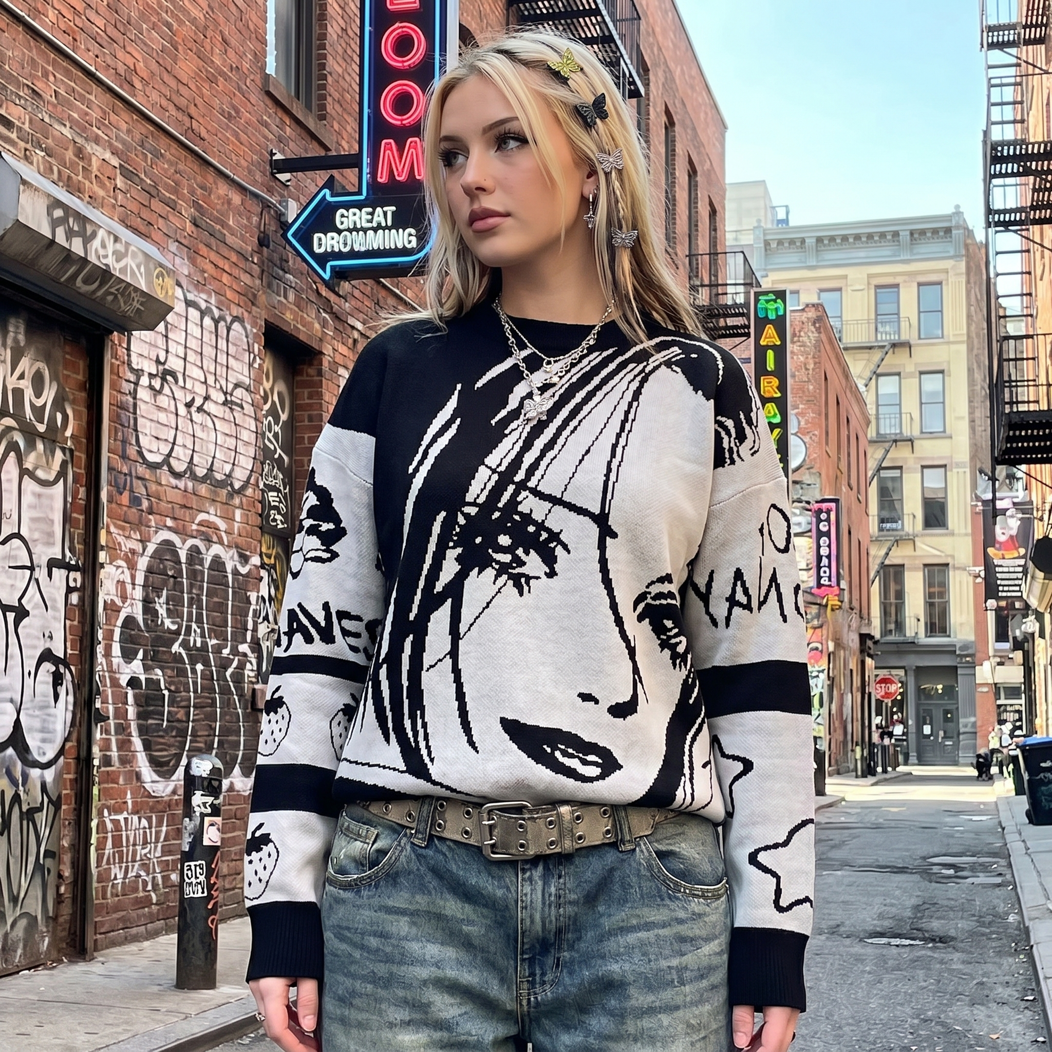 Cartoon Girl Pattern Y2K Sweater