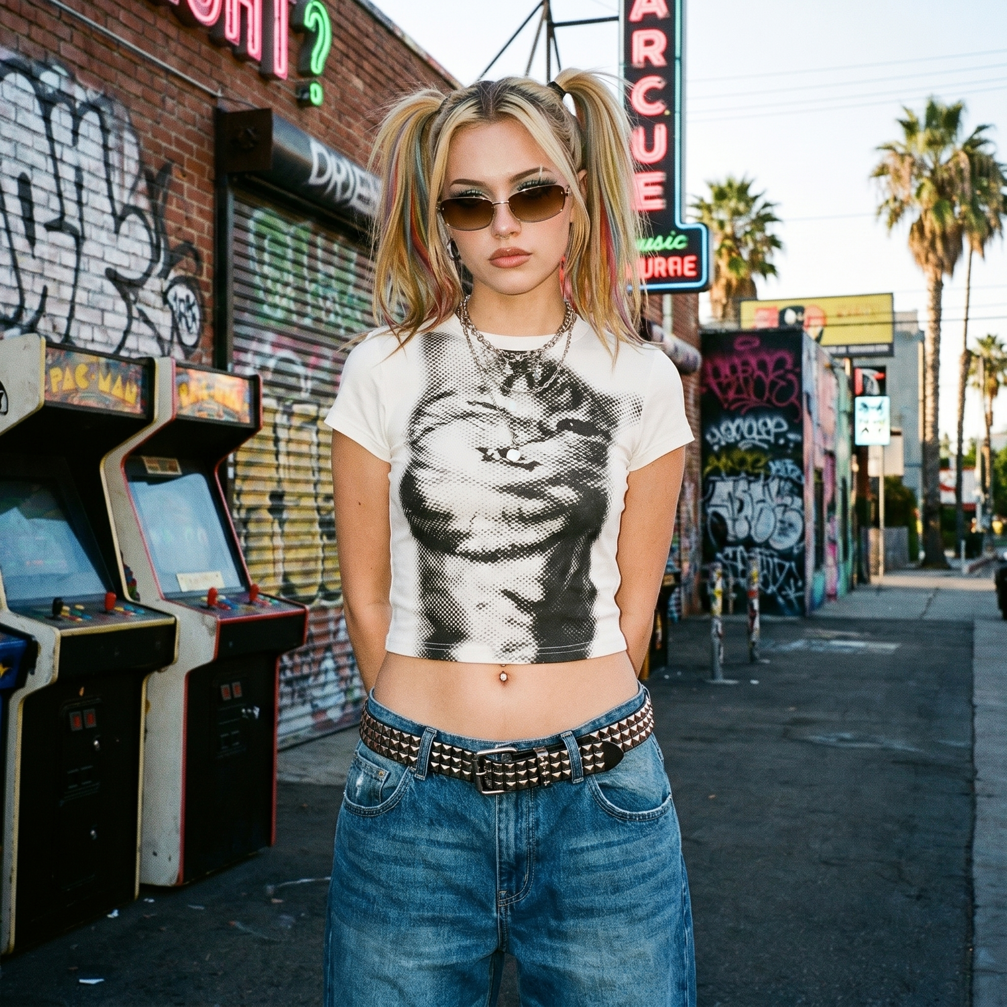 Harajuku Cat Y2K Crop Tee