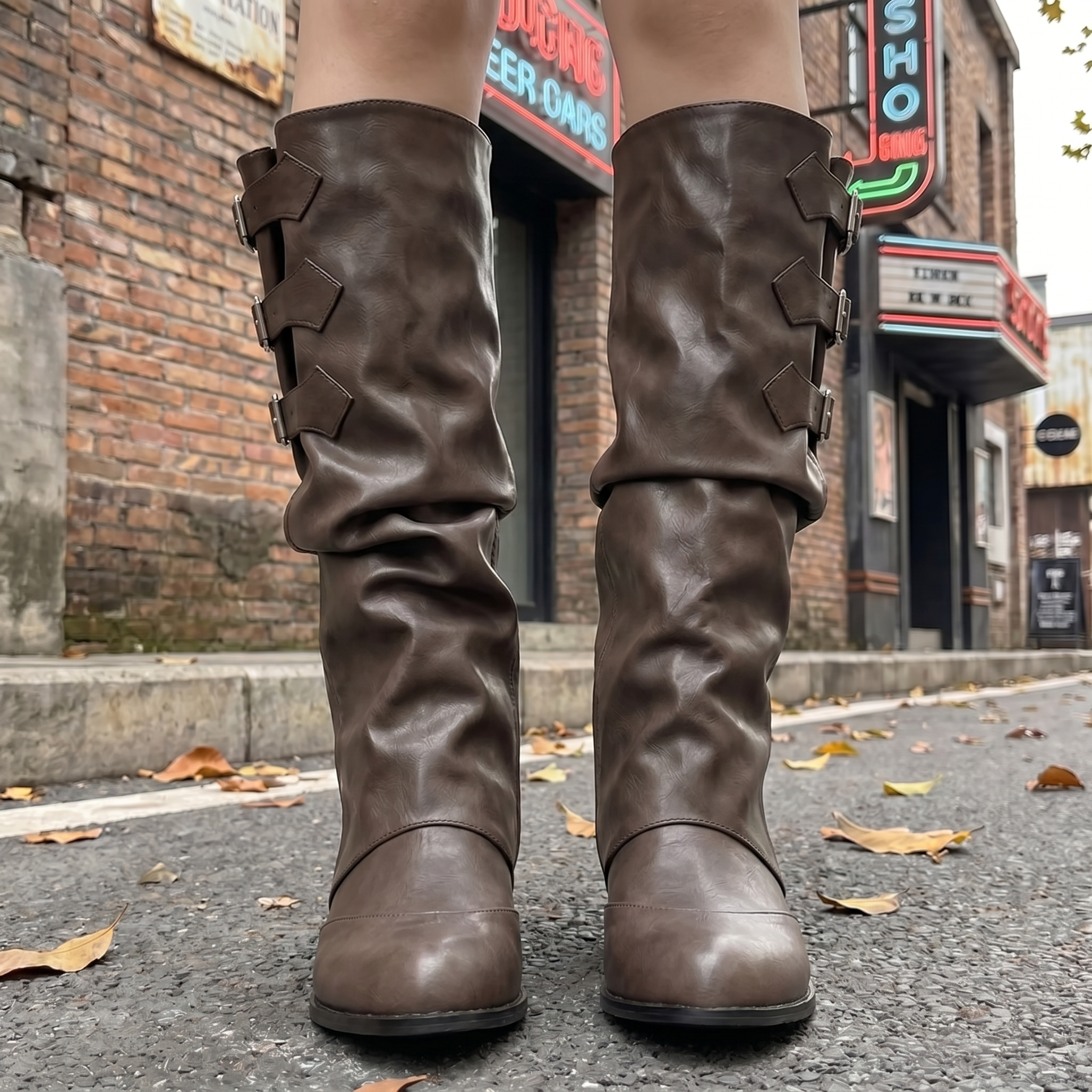 Retro Buckle Knee-High Boots