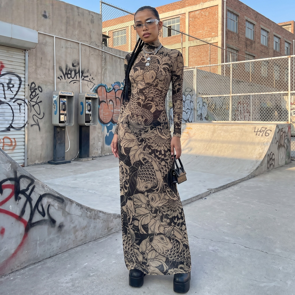 Y2K Printed Mesh Maxi Dress