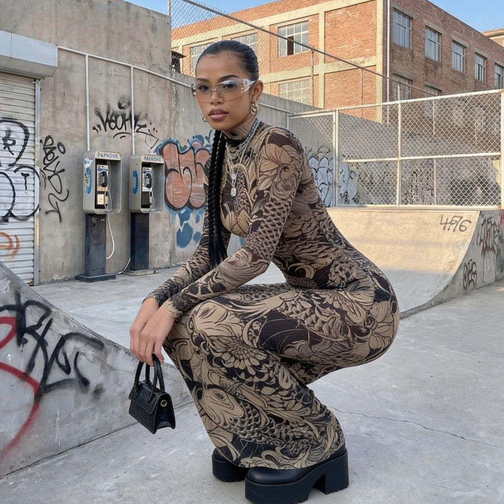 Y2K Printed Mesh Maxi Dress