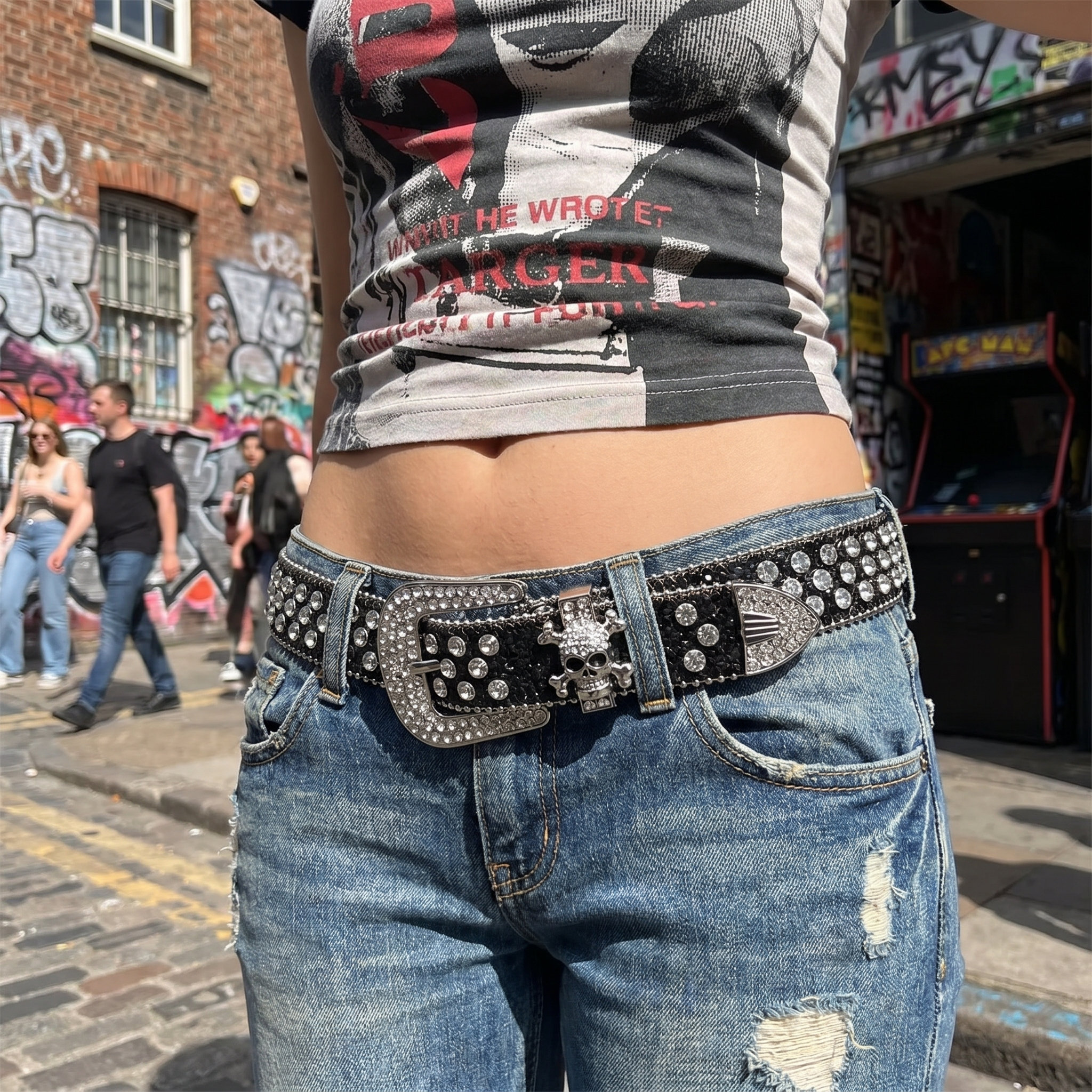 Y2K Rhinestone Skull Belt
