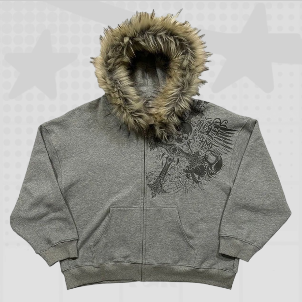 Faux Fur Trim Zip Up Hoodie