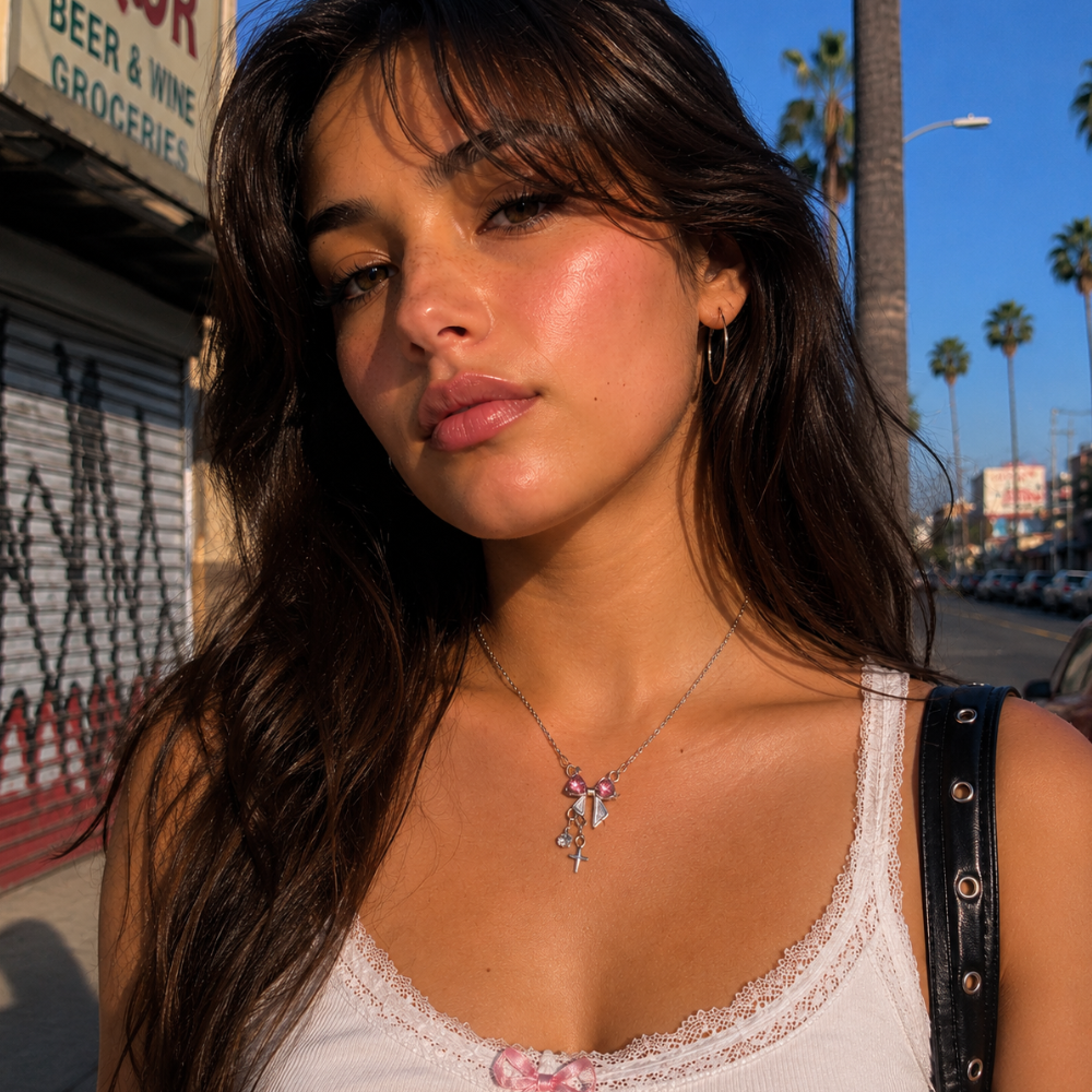 Pink Crystal Bow Necklace
