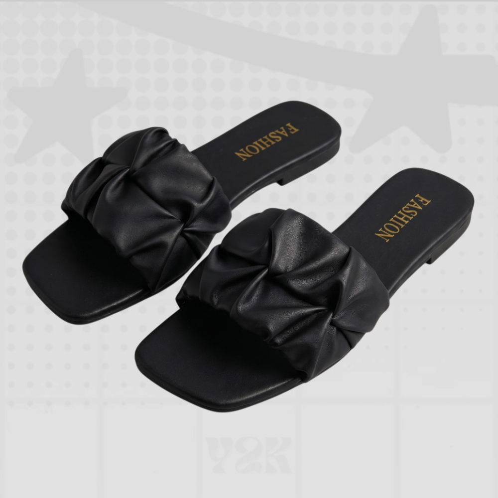 Pleated Square Toe Slide Sandals