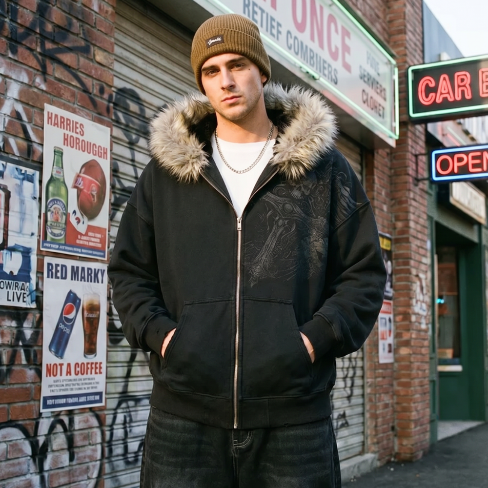 Faux Fur Trim Zip Up Hoodie