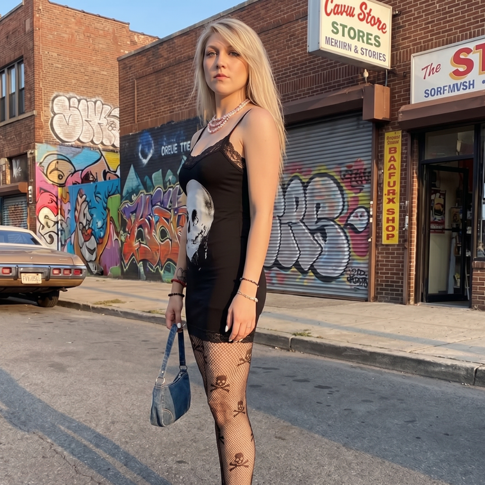 Y2K Gothic Skull Mini Dress