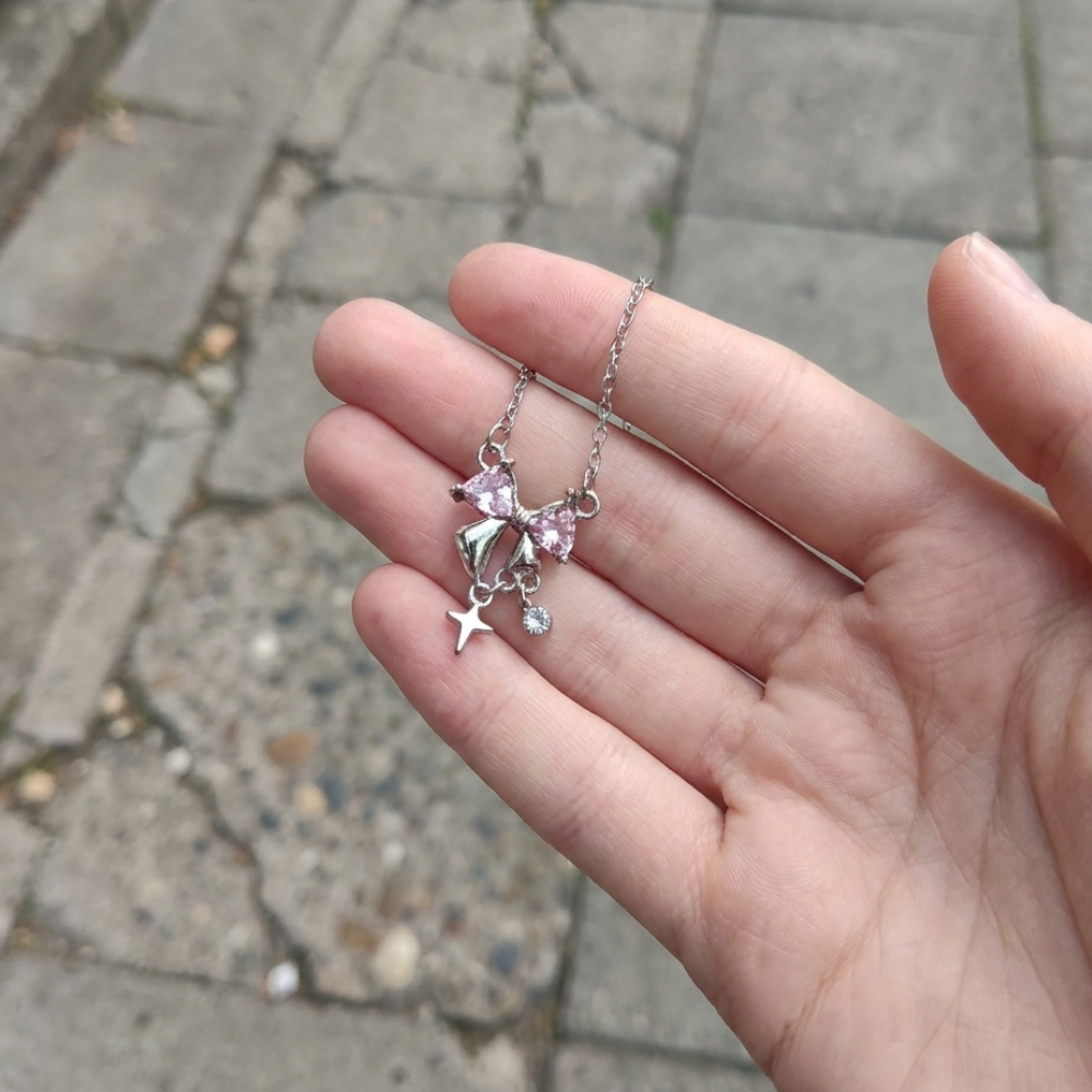 Pink Crystal Bow Necklace