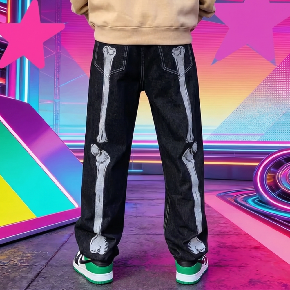 Skeleton Print Baggy Jeans