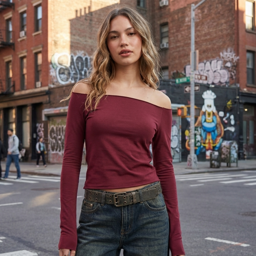 Long Sleeve Open Shoulder Top