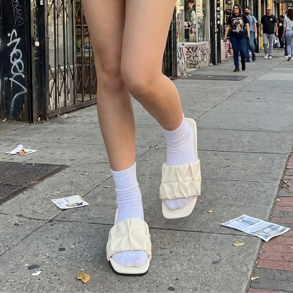 Pleated Square Toe Slide Sandals