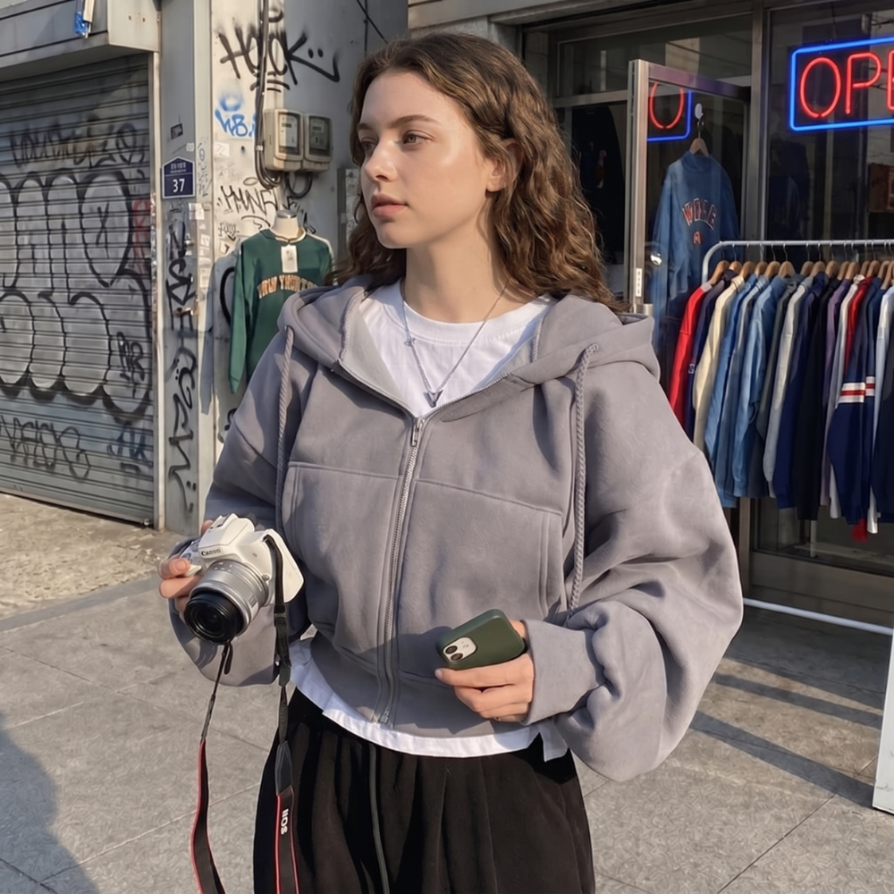 Y2K Cropped Zip Up Hoodie