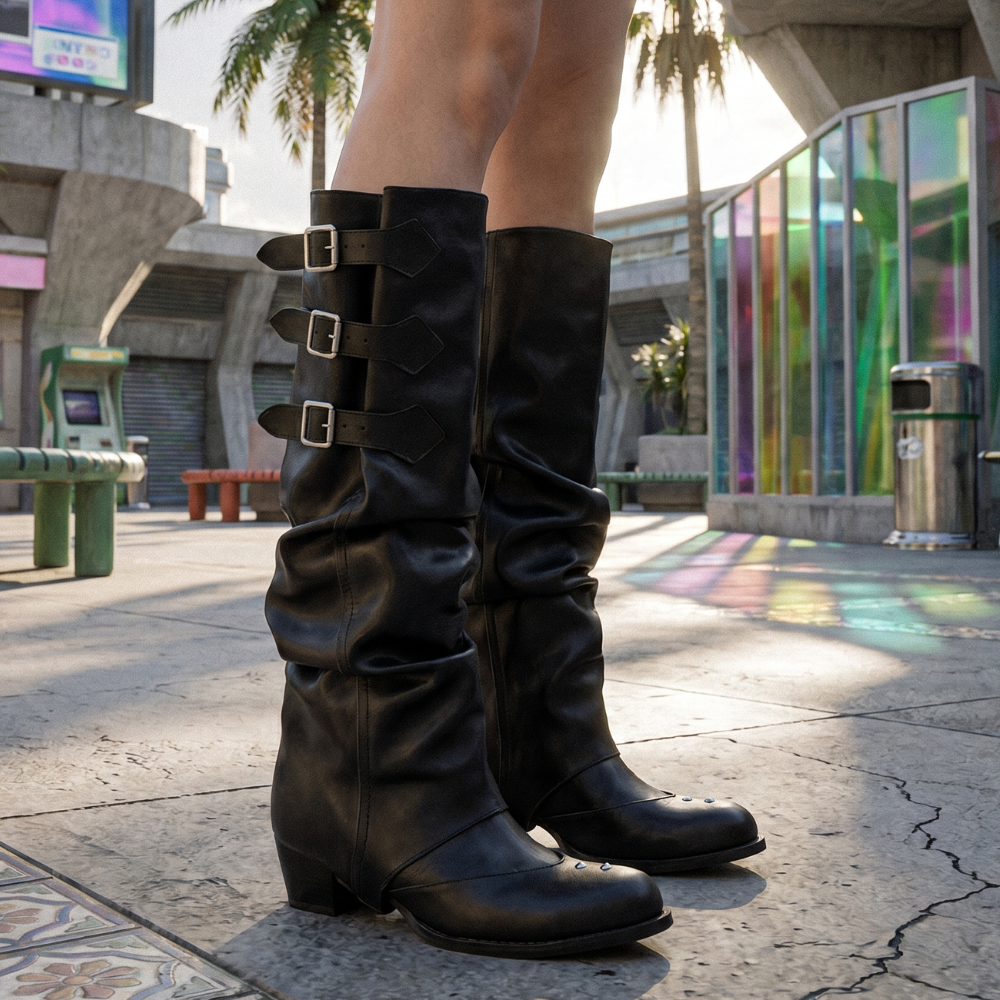 Retro Buckle Knee-High Boots