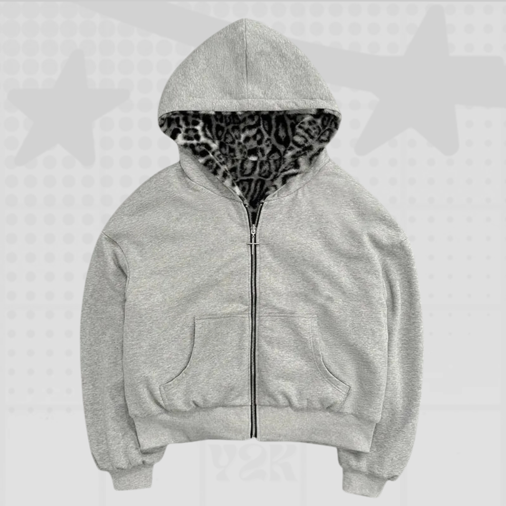 Leopard Lined Zip-Up Hoodie