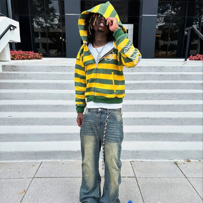 Striped Y2K Zip-Up Hoodie
