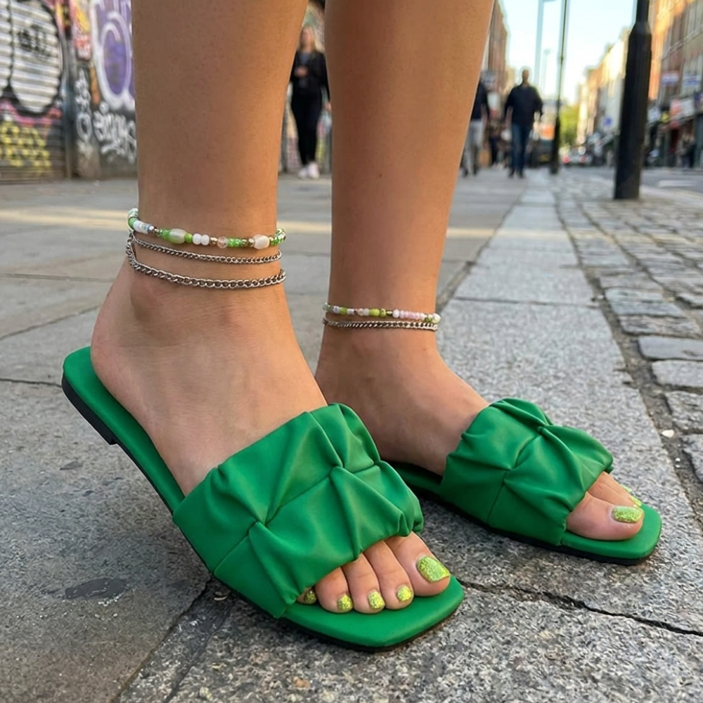 Pleated Square Toe Slide Sandals