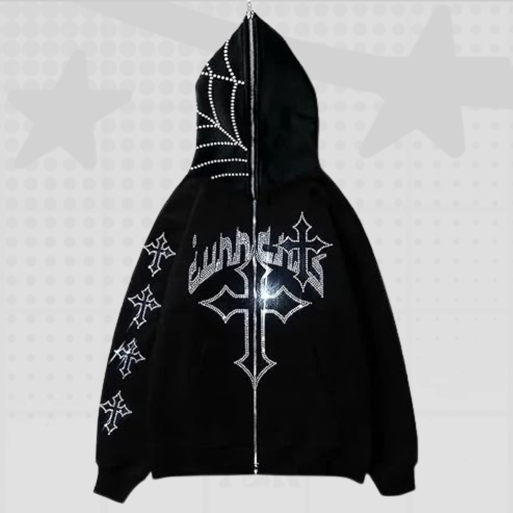 Rhinestone Cross Y2K Hoodie