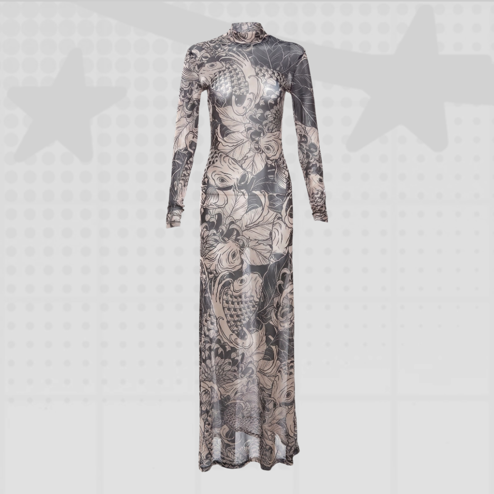 Y2K Printed Mesh Maxi Dress