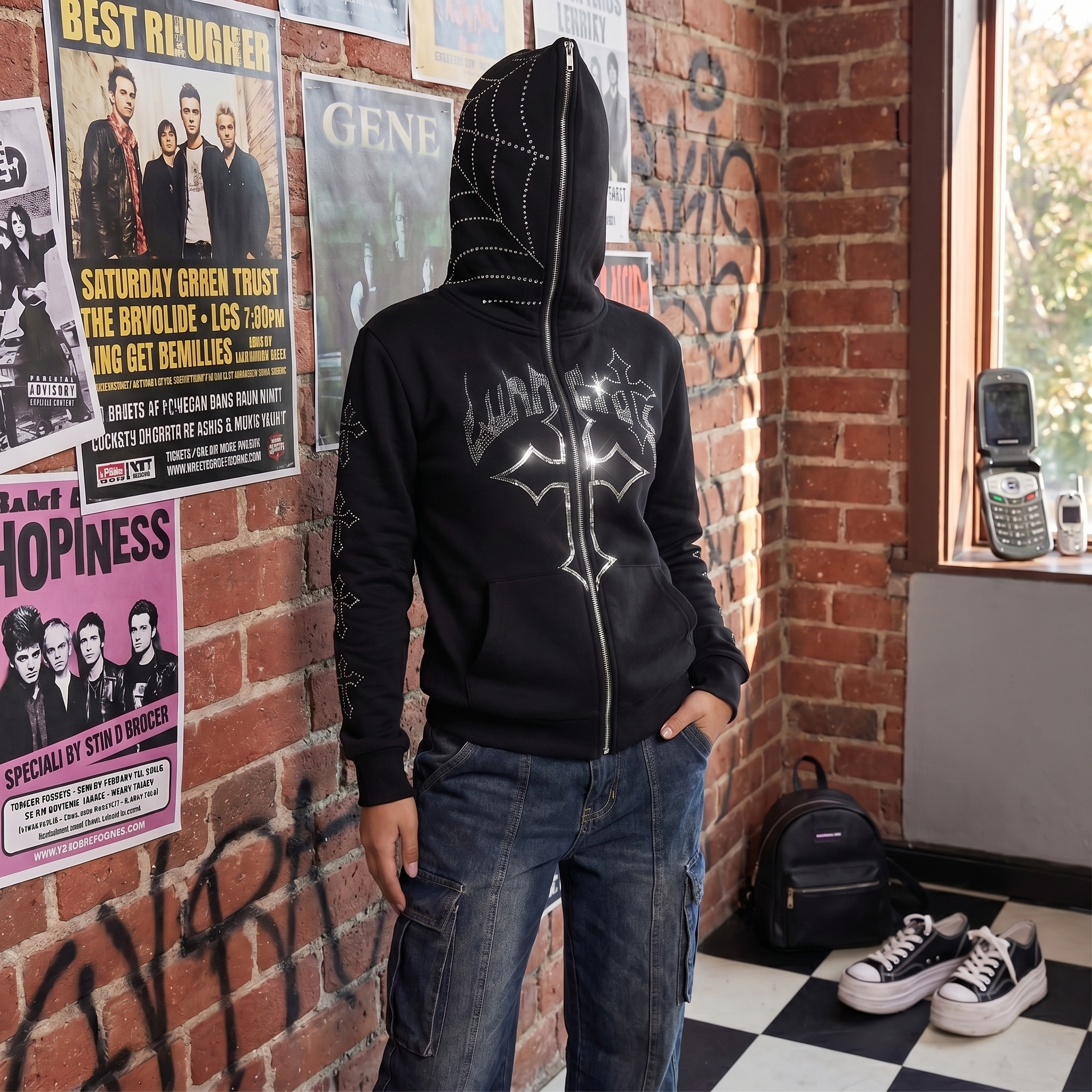 Rhinestone Cross Y2K Hoodie