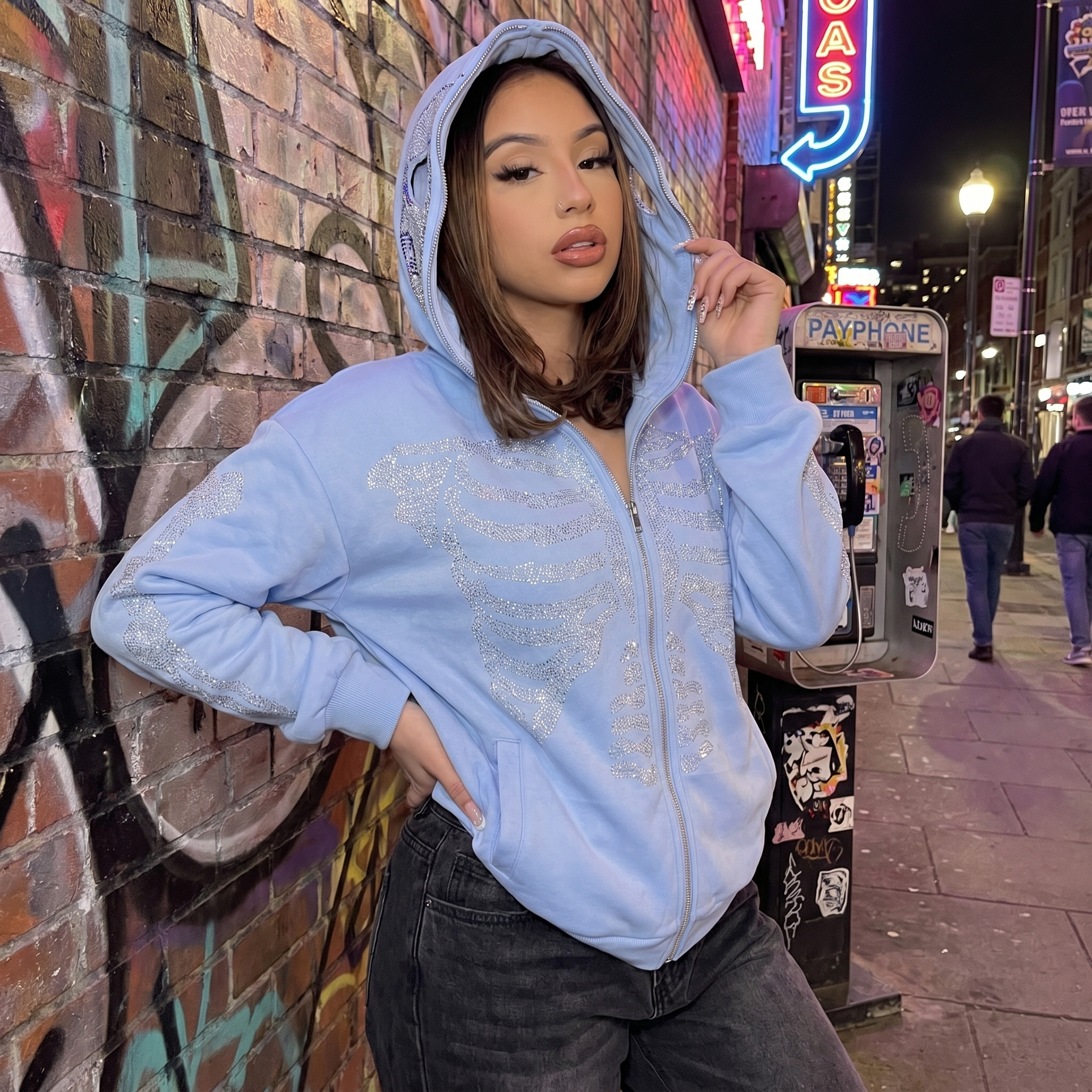Rhinestone Full Zip Hoodie Y2K