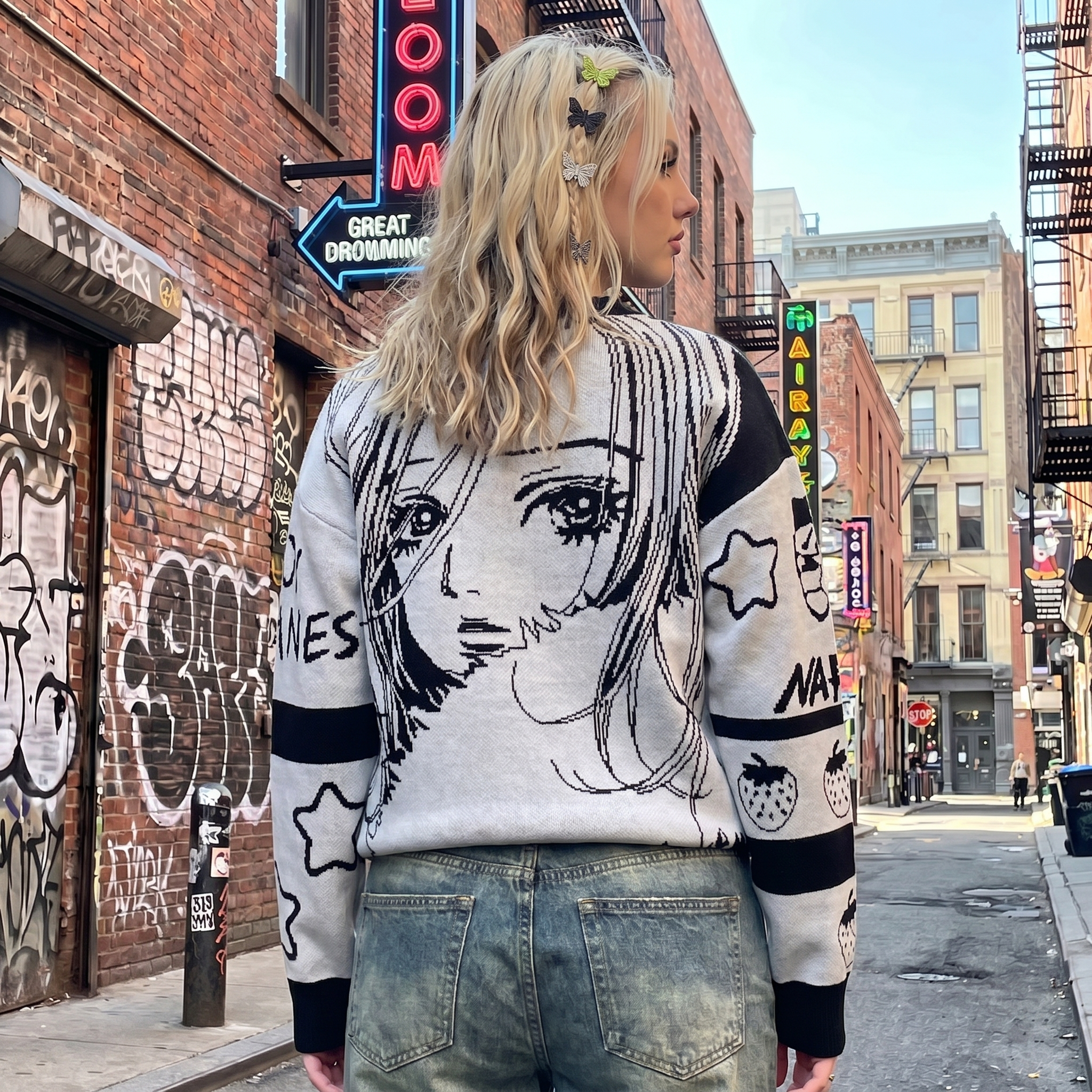 Cartoon Girl Pattern Y2K Sweater