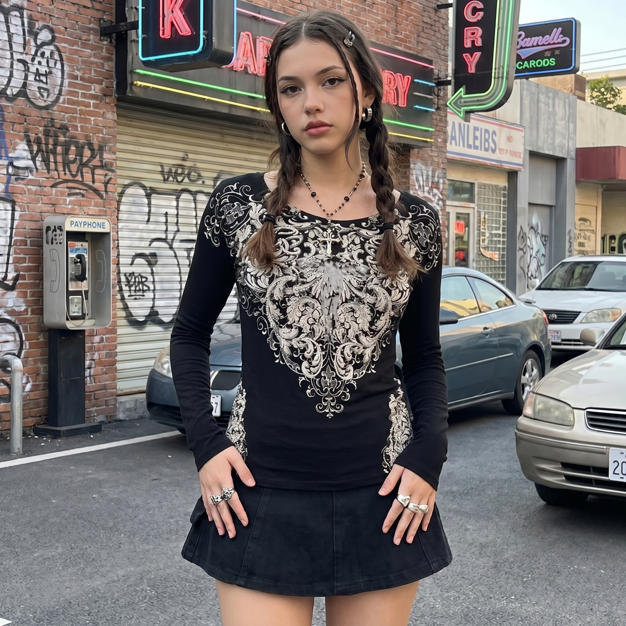 Rhinestone Y2K Long Sleeve Top