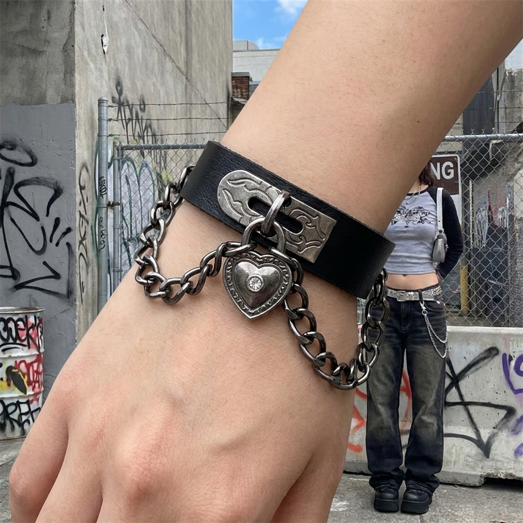 Leather Heart Lock Y2K Bracelet