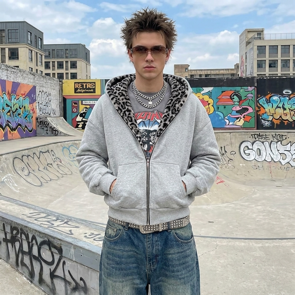 Leopard Lined Zip-Up Hoodie