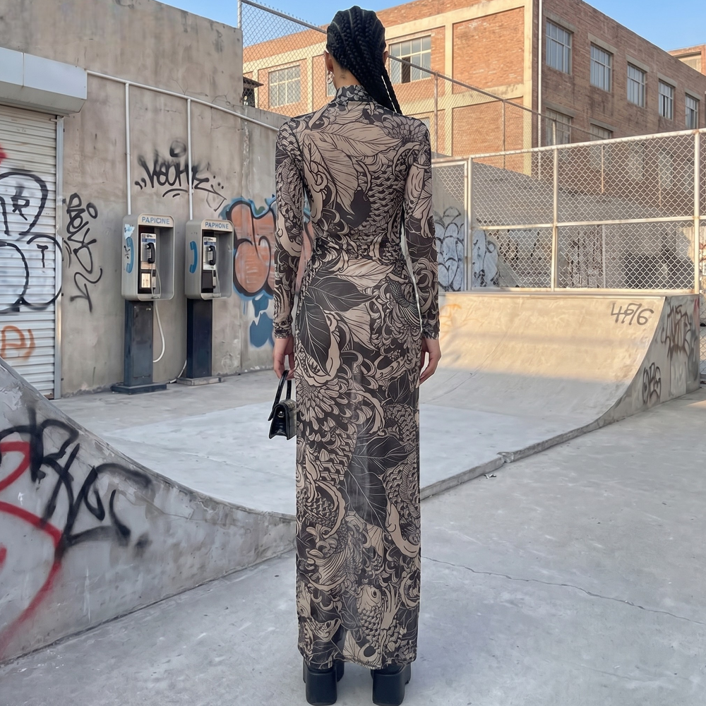 Y2K Printed Mesh Maxi Dress