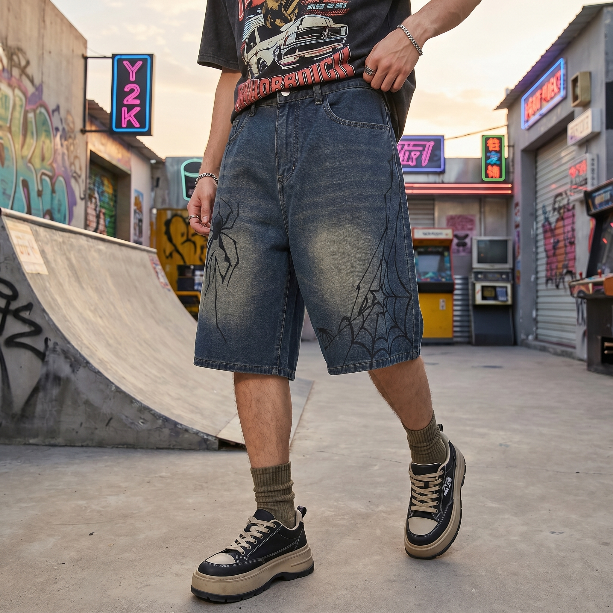 Y2K Spider Web Denim Jorts