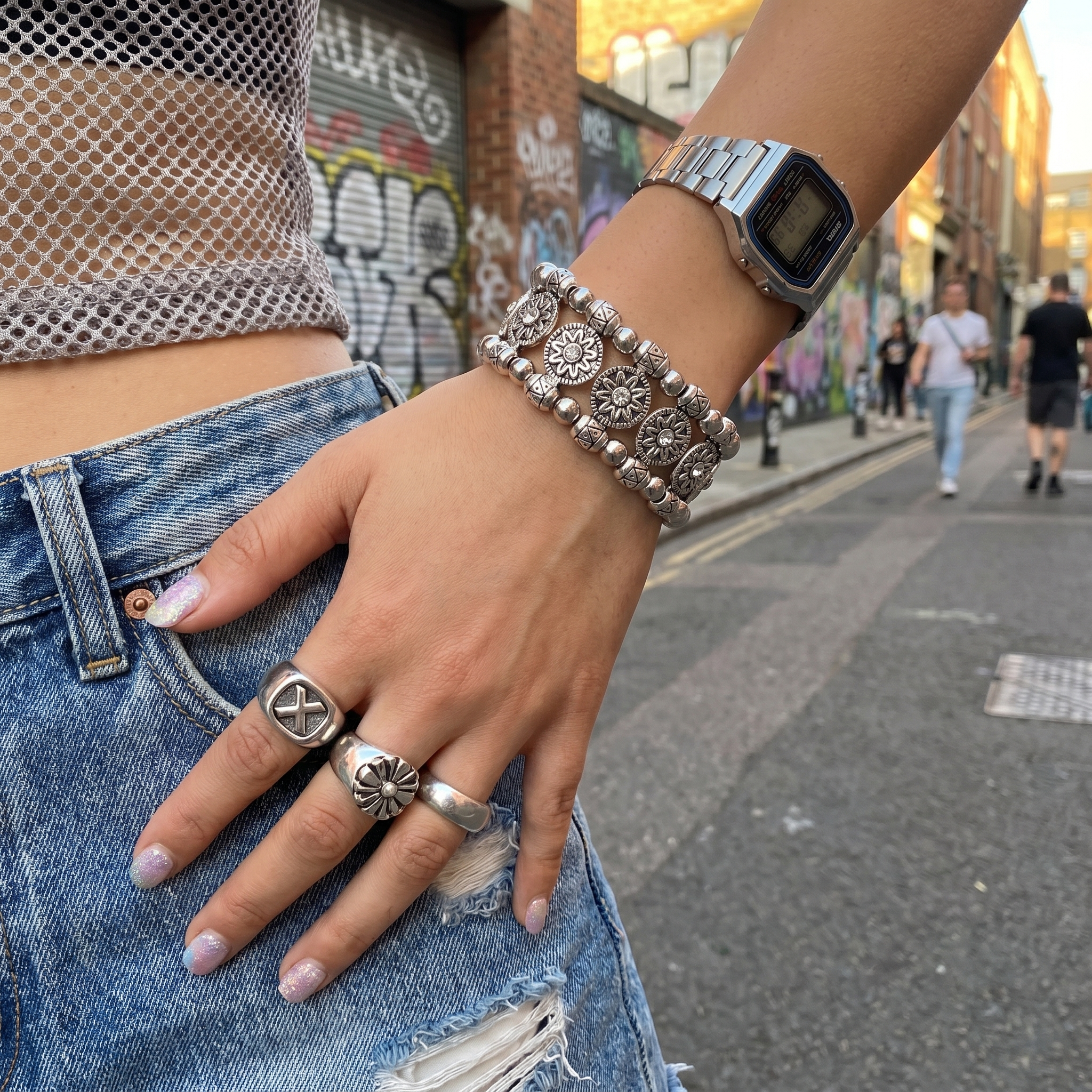 Y2K Silver Beaded Bracelet