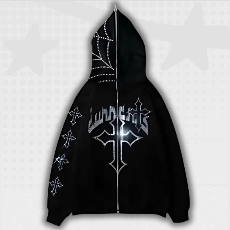 Rhinestone Cross Y2K Hoodie