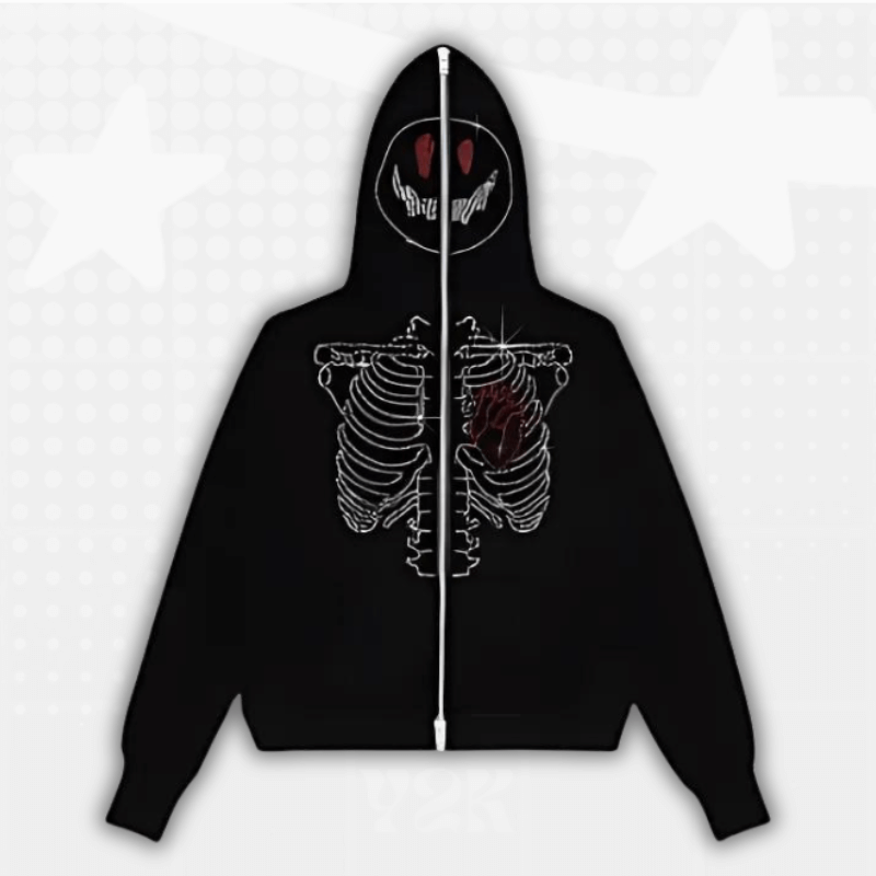 Rhinestone Skeleton Y2K Full Zip Hoodie