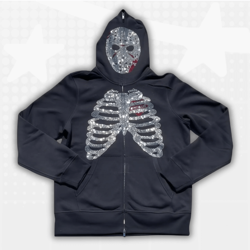 Rhinestone Skull Full Zip Y2K Hoodie